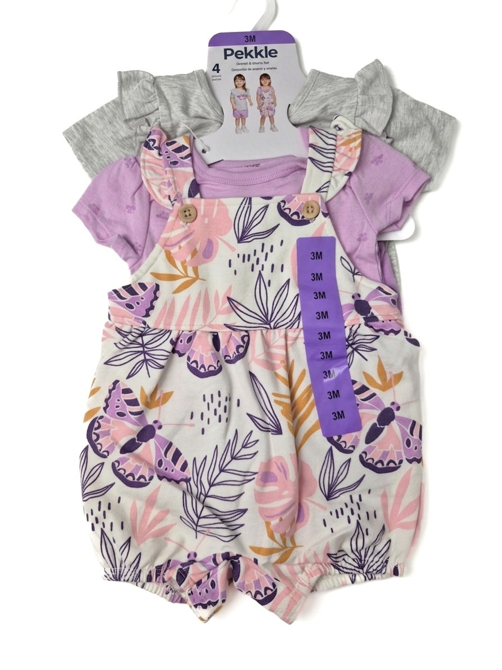 NWT Pekkle Baby Girl 4pc Outfit Set Butterfly Overalls Romper Shorts 3M